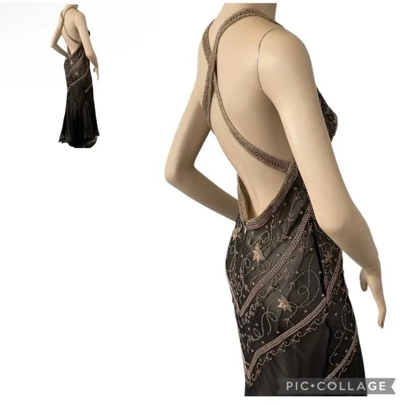 Vintage Cache Silk Beaded Open Back Formal Y2K Gown Dress Black 90s Size 2 - Picture 5 of 16